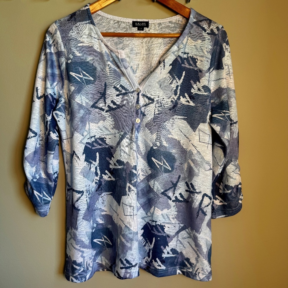 Moffi Women's Jersey‎ Knit 3/4 Sleeve V-Neck Layering Top Blue Size Large Soft